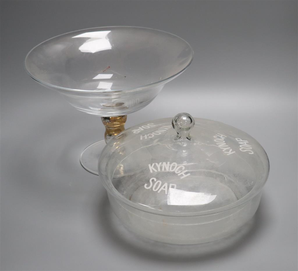 An advertising sign Kynoch Soap lidded bowl and a glass pedestal bowl, largest diameter 30cm